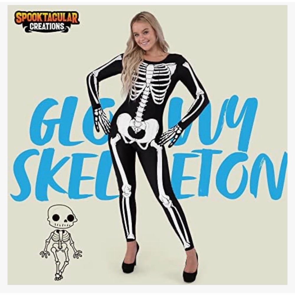 Spooktacular Creations Skeleton Costume Women Small Glow In Dark Bodysuit B3